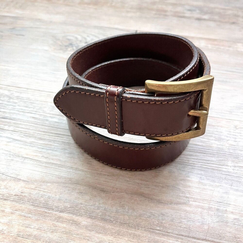 Eddie Bauer Brown Leather Belt Size 38 Brass Buckle Classic Casual Gold Stitch